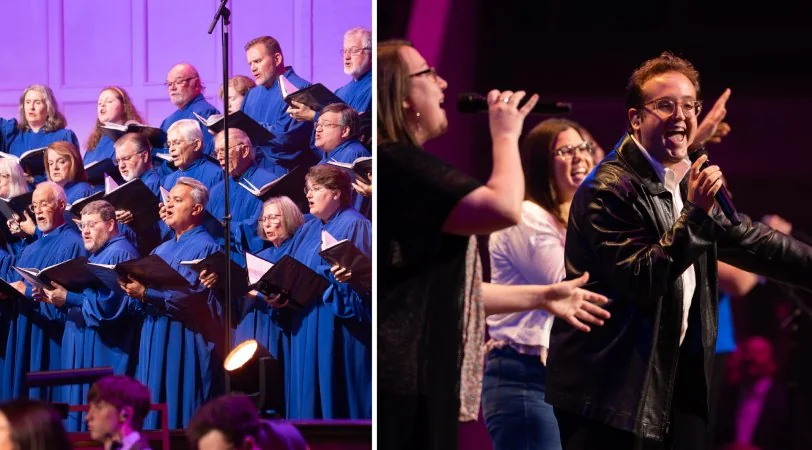 Split image showing a traditional choir in blue robes singing on the left and a group of contemporary worship singers with microphones performing energetically on the right.