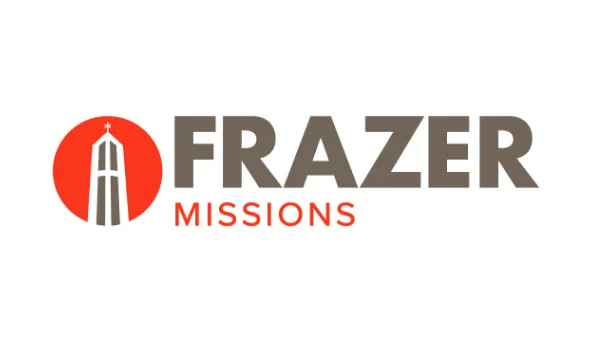 Frazer Missions logo featuring stylized church steeple in a red circle and bold text FRAZER MISSIONS.