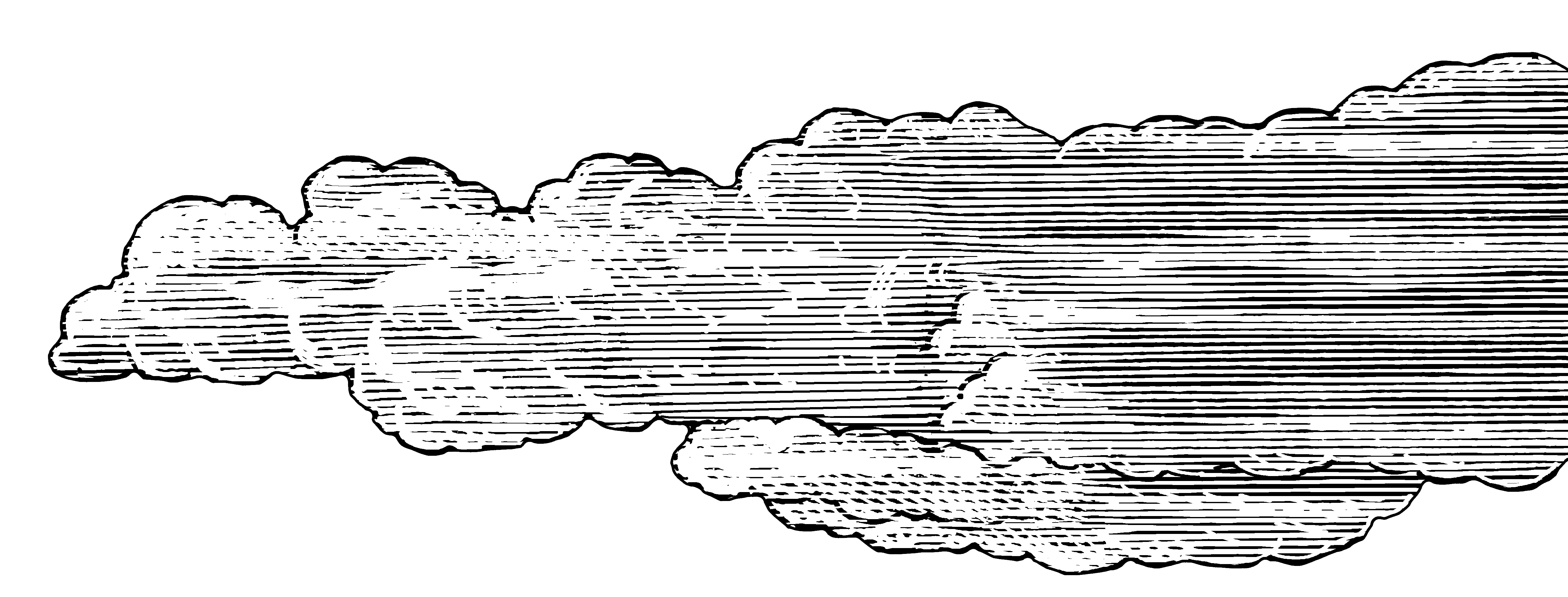 White vintage-style cloud illustration with horizontal line shading on black background.