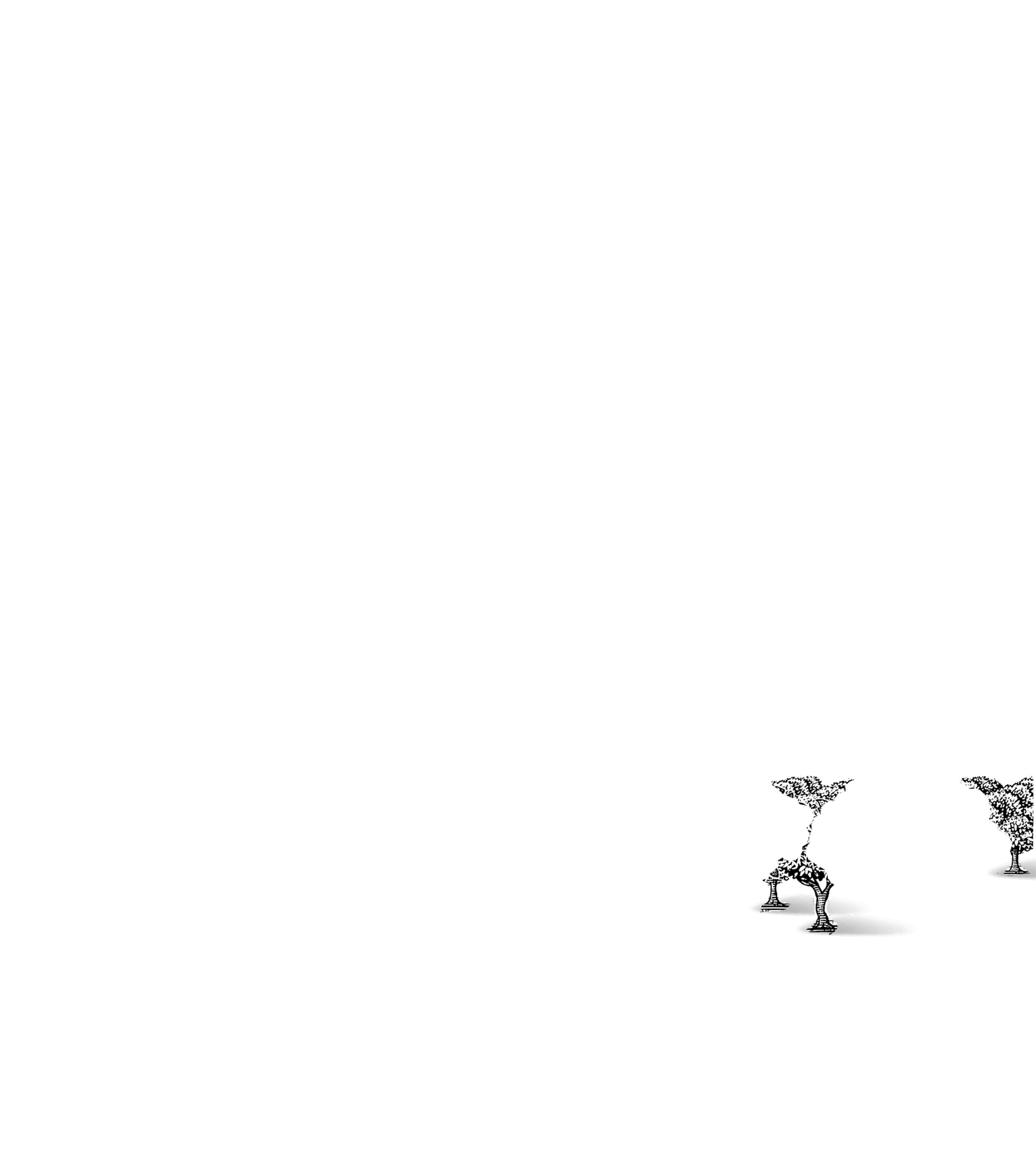Black silhouette of a large tree with spreading branches and dense foliage on a white background.