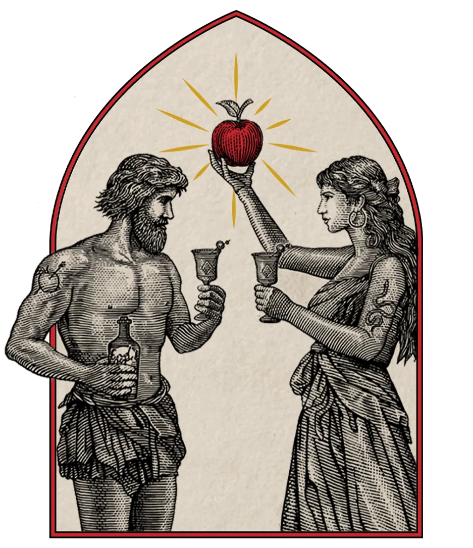 Engraving of a man and woman raising goblets, the woman holds a glowing red apple above them.