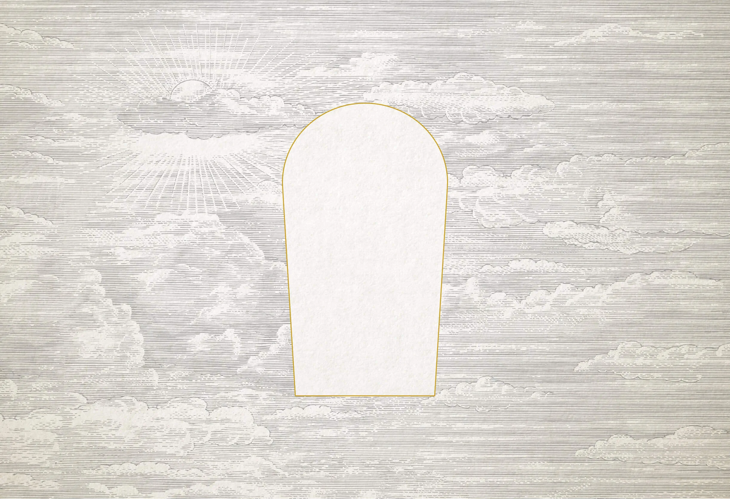 Line art of clouds and sun rays with an empty white rounded arch shape outlined in gold.