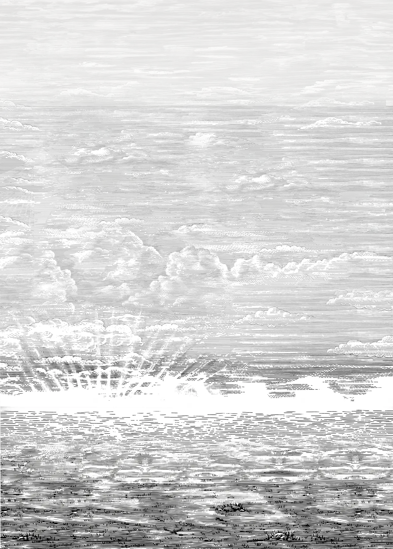 Black and white sketch of the sun rising over with clouds in the sky.