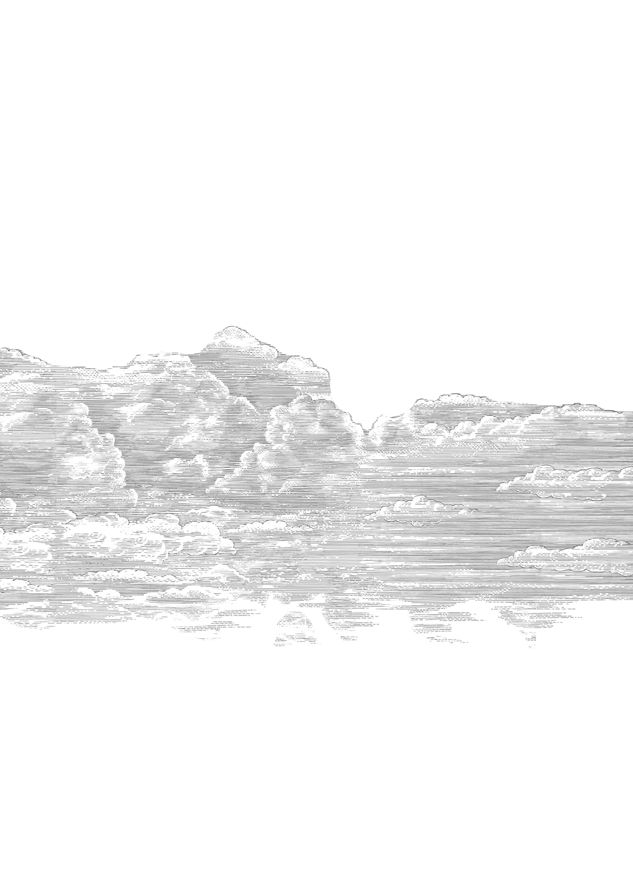Intricate black and white vintage illustration of cumulus clouds across the sky.