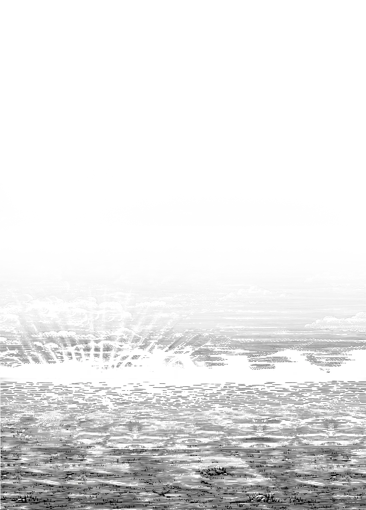 Black and white engraving of a sunrise over a field with clouds in the sky.