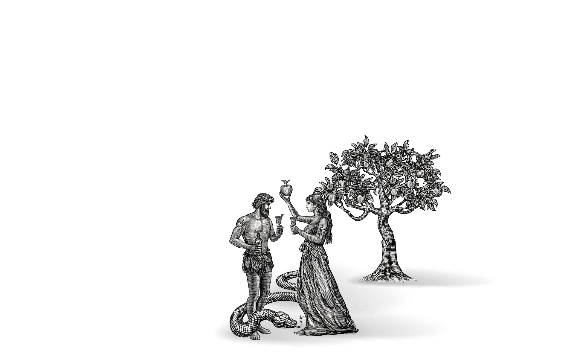 Adam and Eve with cups near a fruit tree and a coiled snake, against a large white circle background.