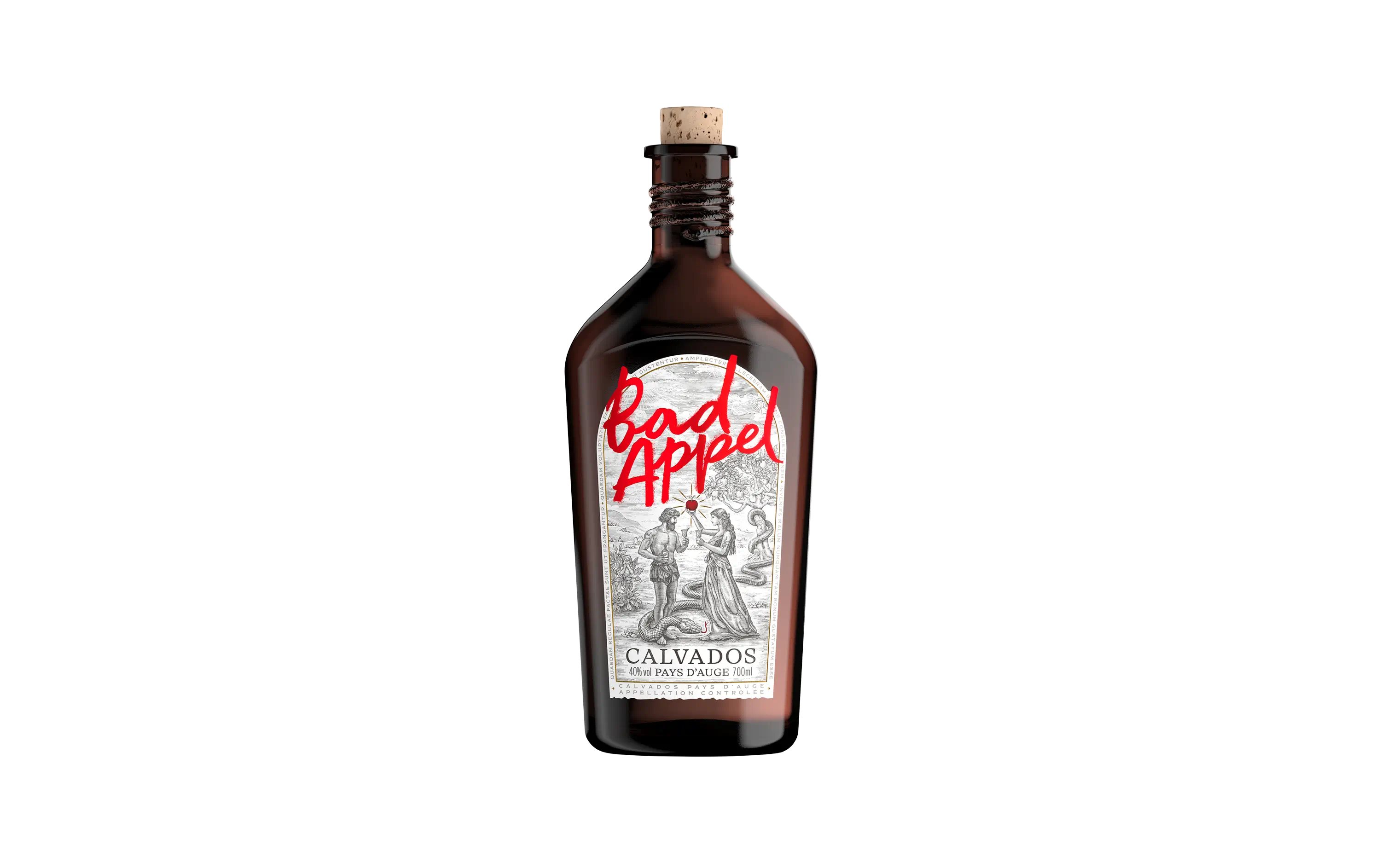 Dark glass bottle of Bad Appel Calvados with an artistic label showing a man and woman near a tree and snake.