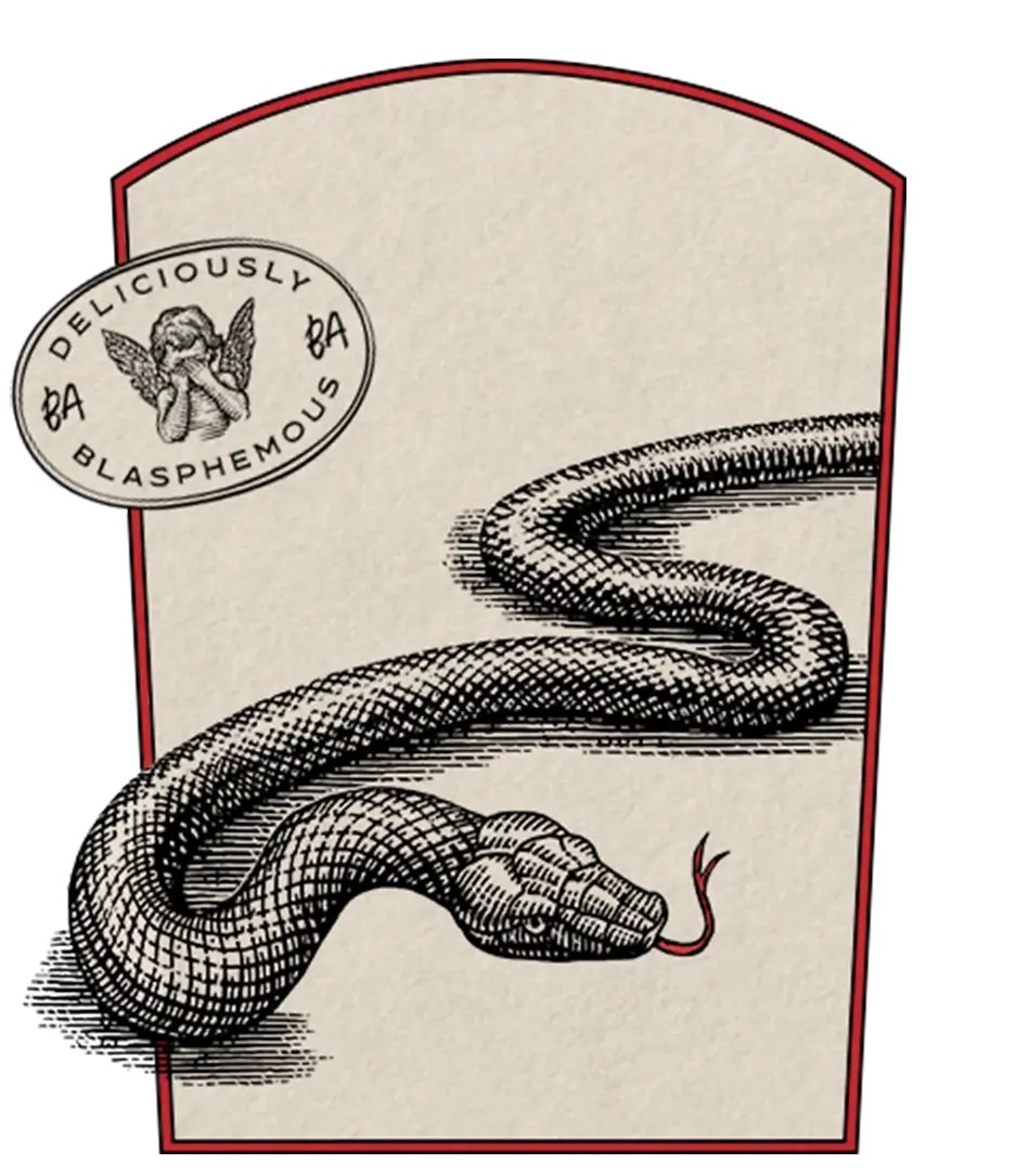 Black and white snake illustration with red tongue on a beige background with red border.