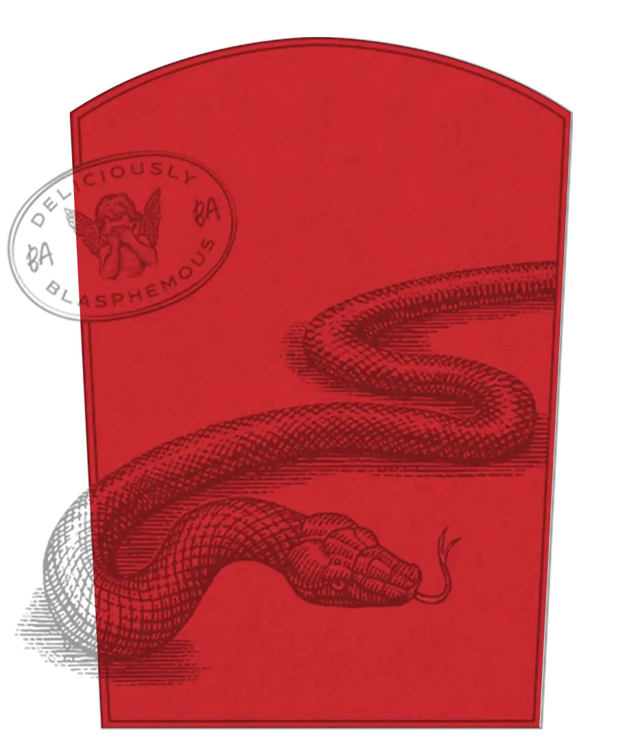Red rectangular label with a detailed black illustration of a snake and a small cherub seal on the top left.
