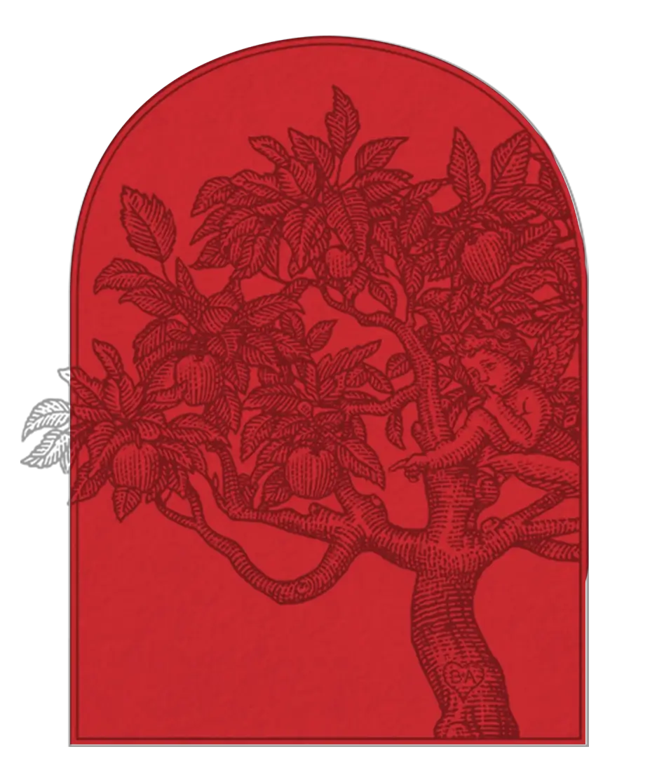 Black illustration of a cherub sitting in a fruit tree against a red arched background.