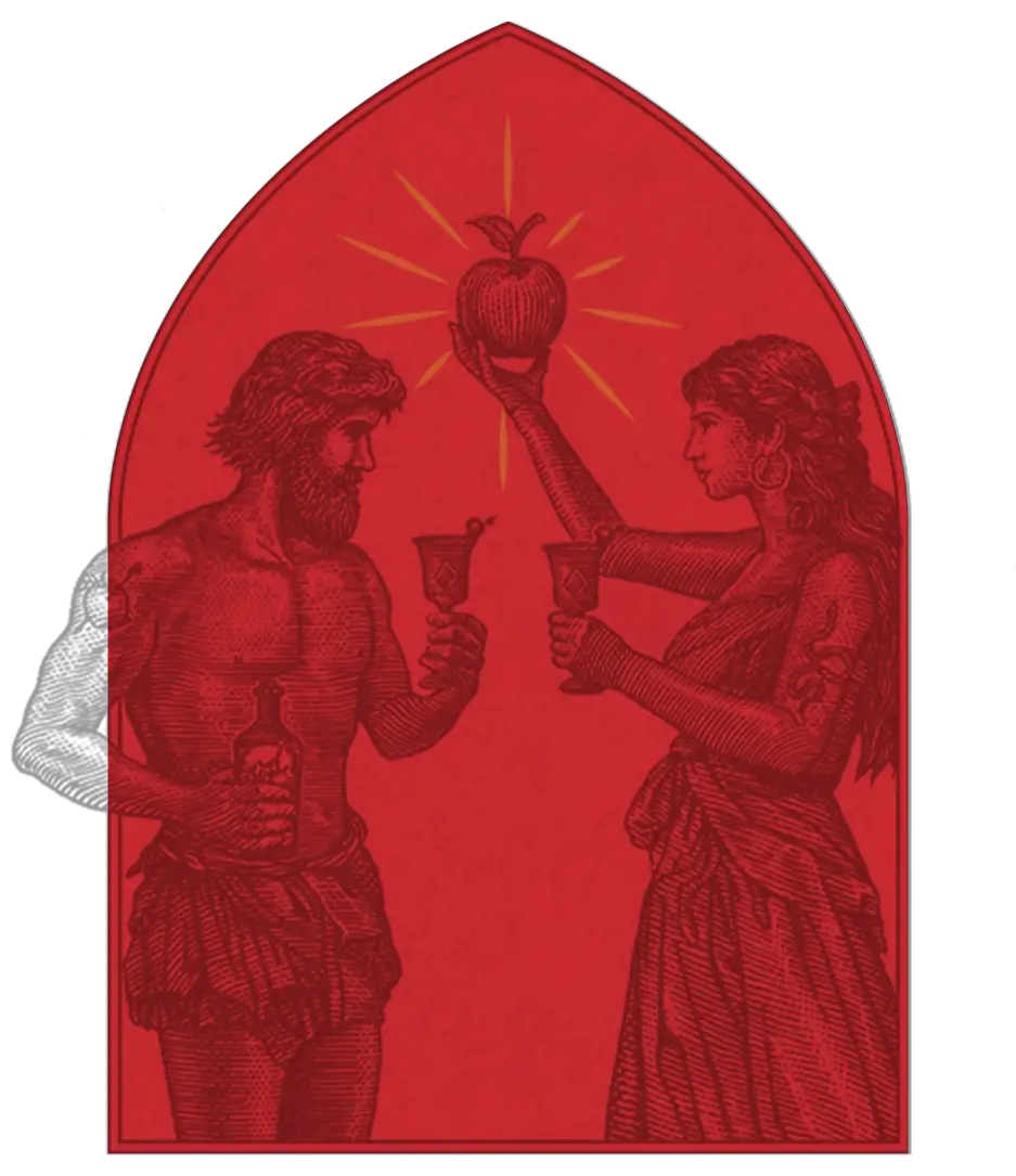 Illustration of a bearded man and woman holding goblets, woman raises glowing apple between them.