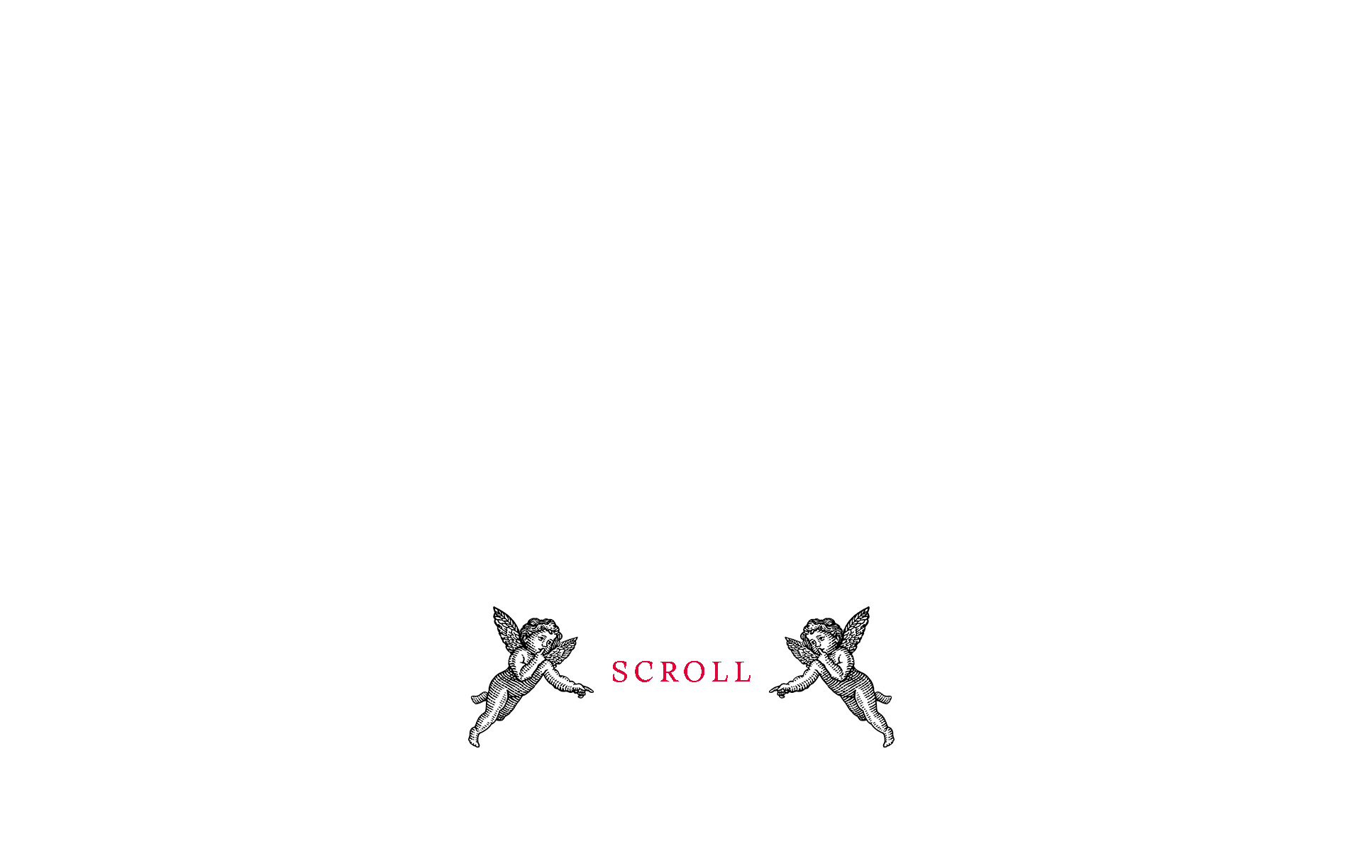 Two vintage angels pointing inward toward the word SCROLL in red text on white background.