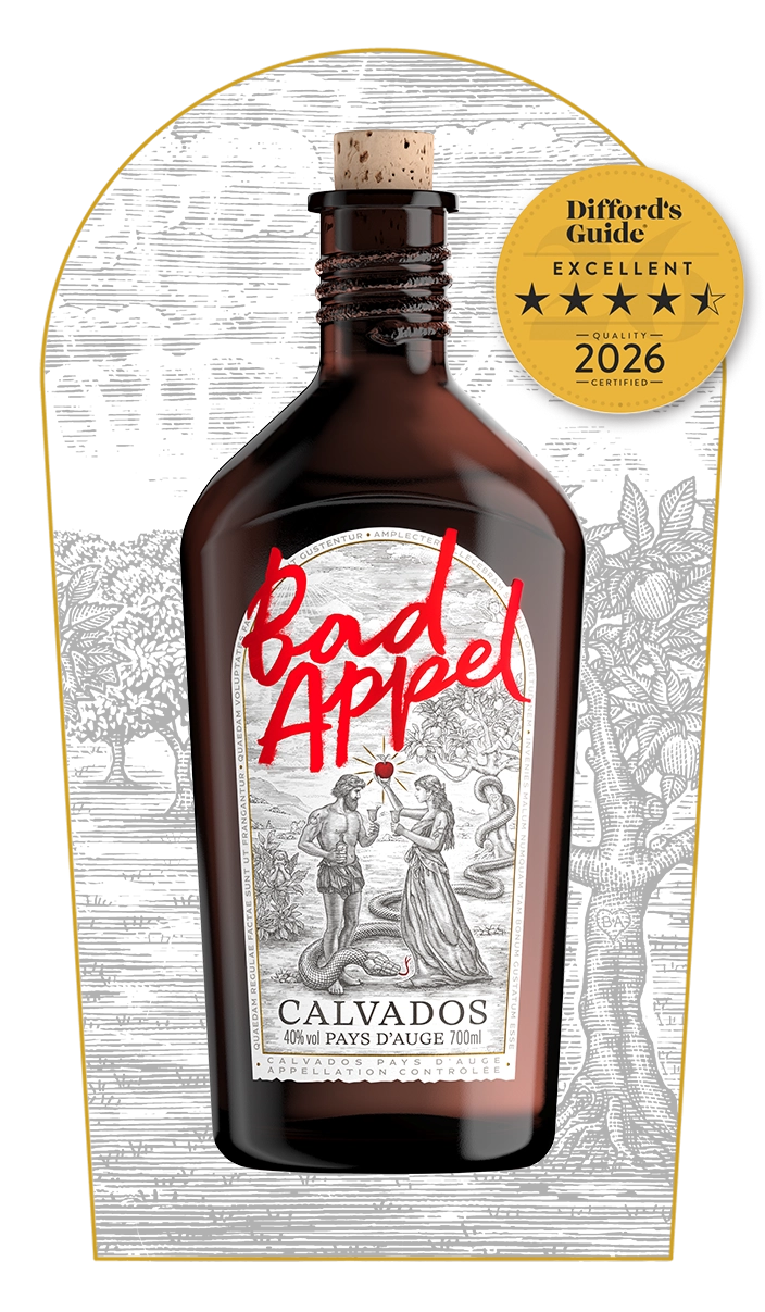 Dark bottle of Calvados with a vintage label showing Adam and Eve and the text 'Bad Apple'.