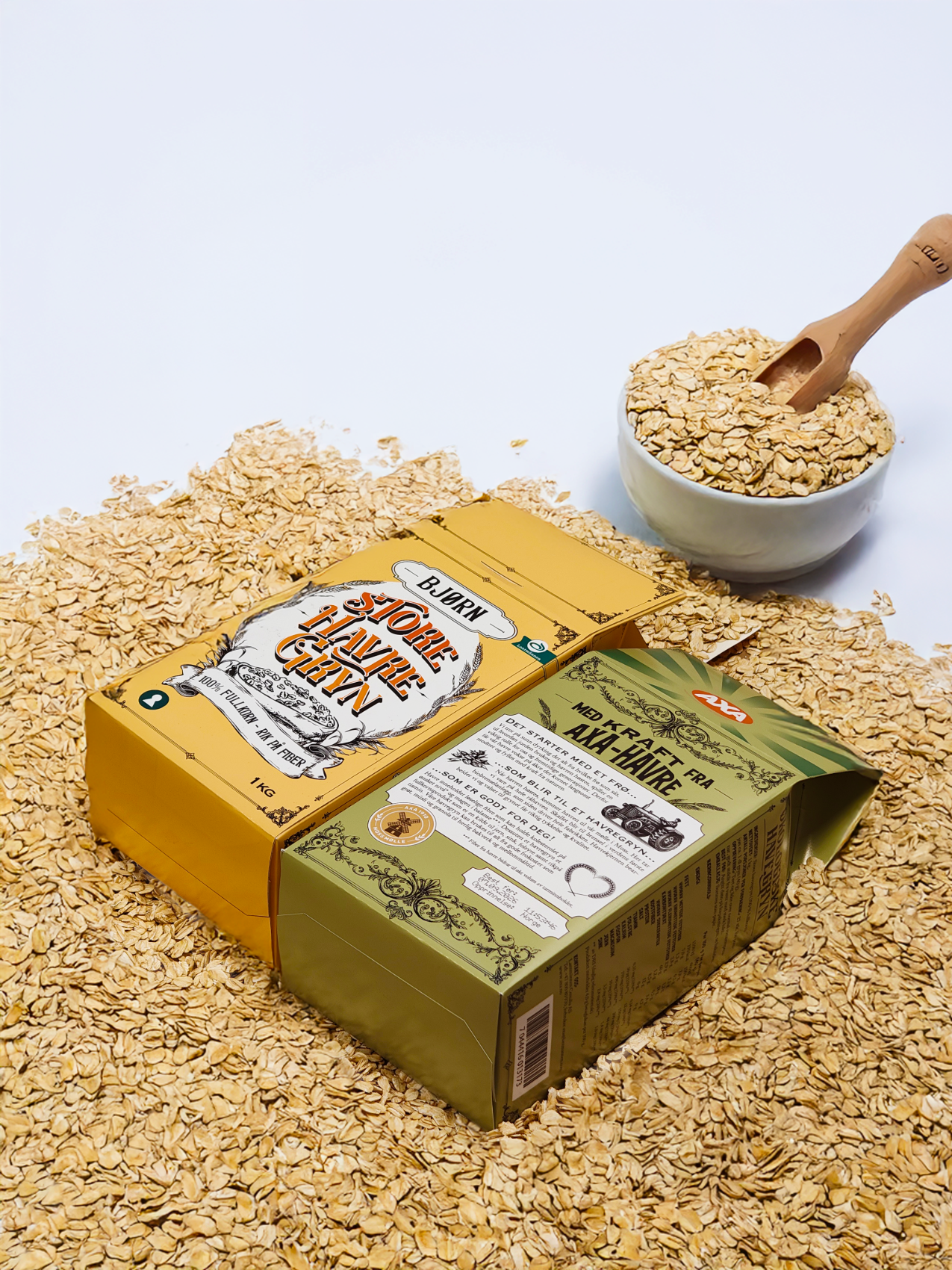 Mockup, to liggende axa havregryn poser.
