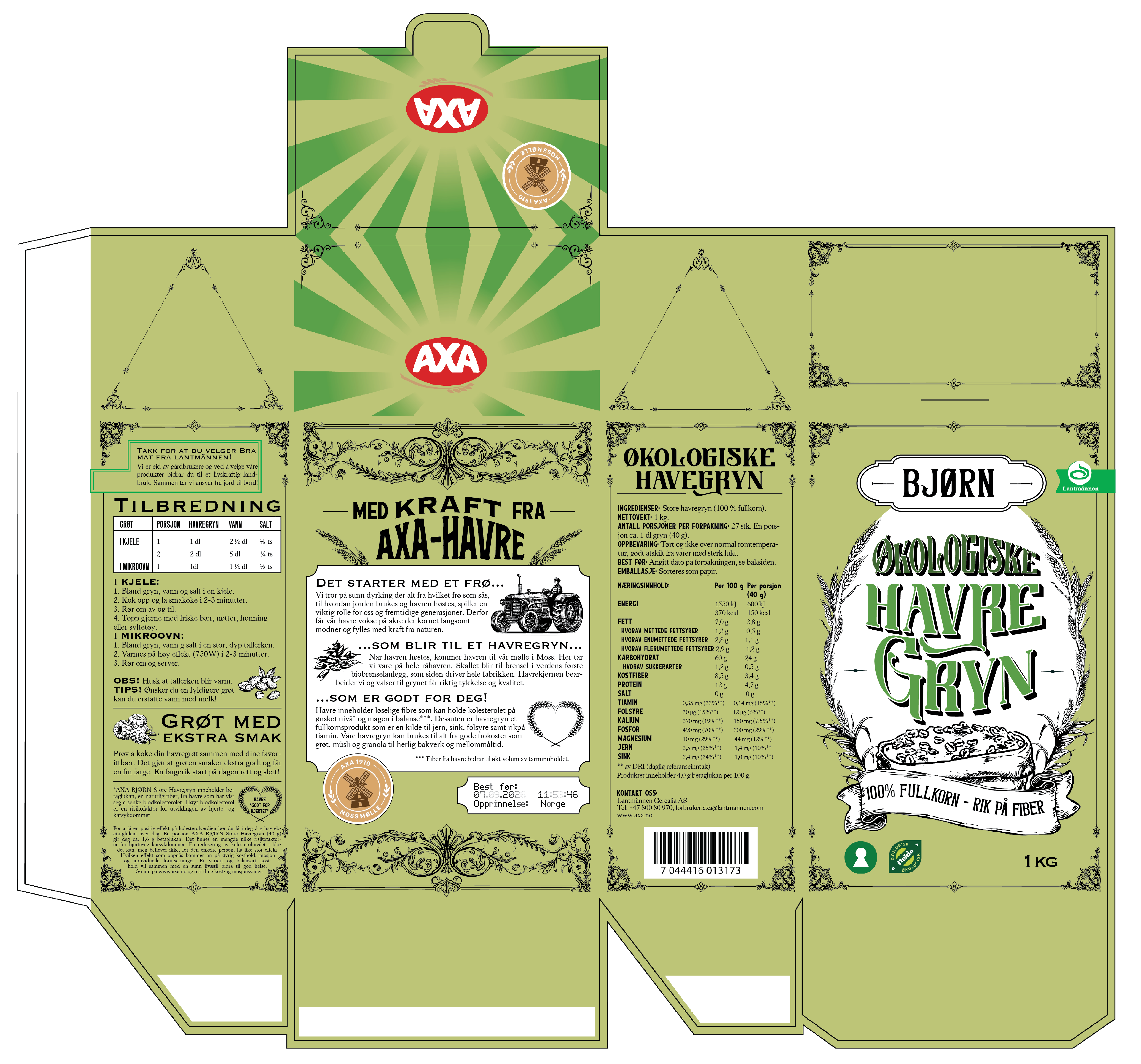 Stanseriss av havregryn emballasjen med ferdig design, Økologiske Havregryn