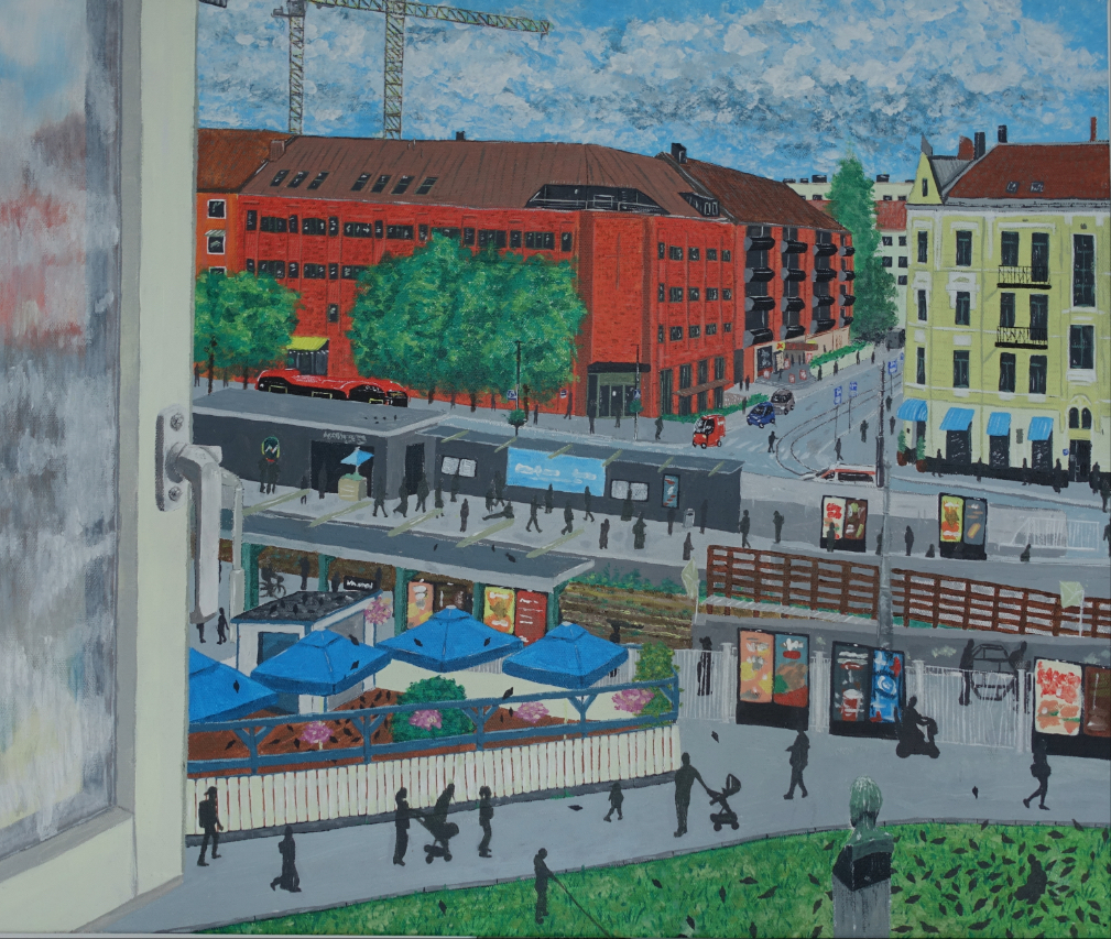 Akryl Malleri av utsikten fra vinduet mitt på Majorstuen. Fugleperspektiv av bybildet med mange mennesker som går rundt om kring.