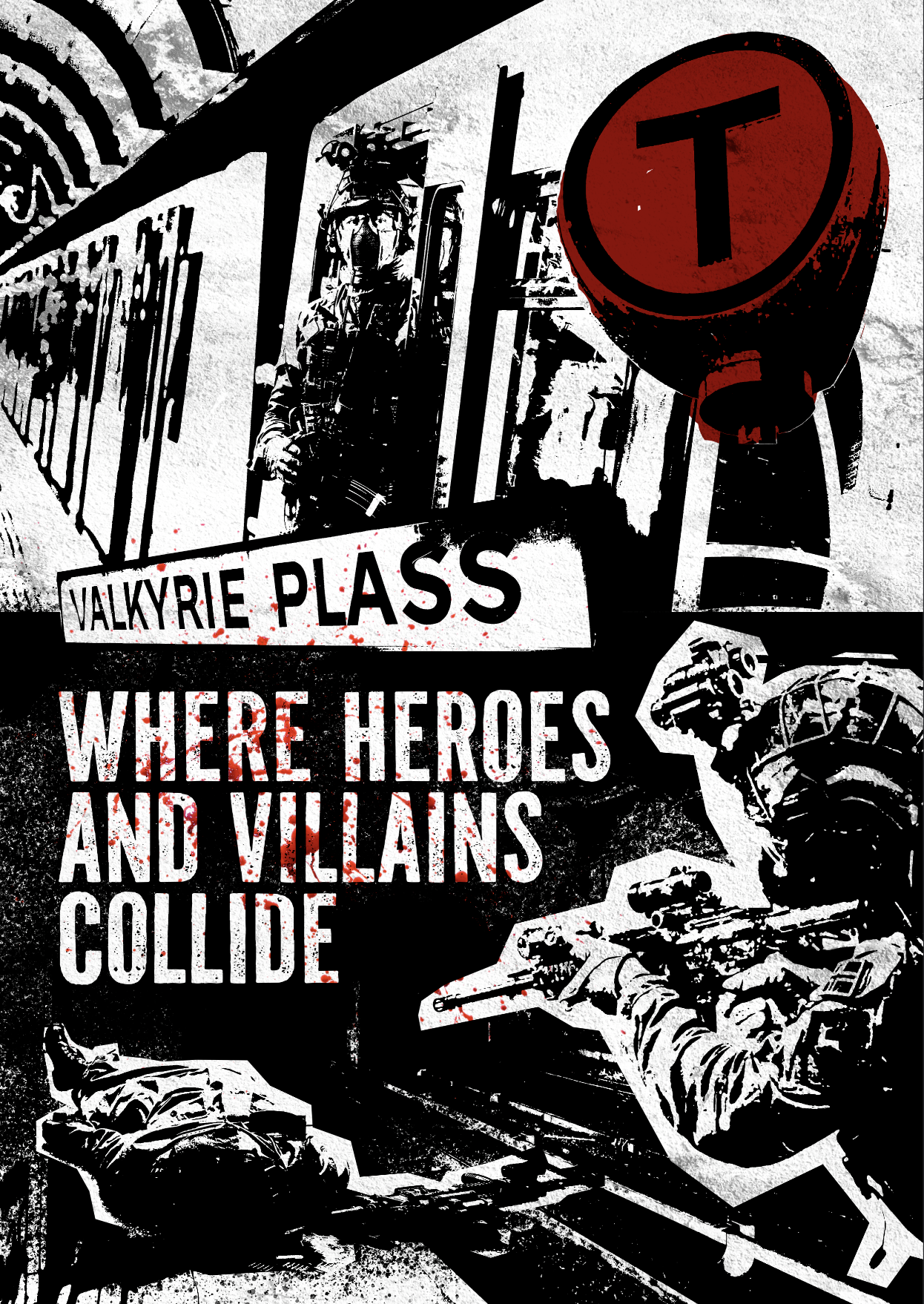 Grafisk Design Poster av Valkyrie Plass, svart hvit bilde, tbane, militær som motiv.