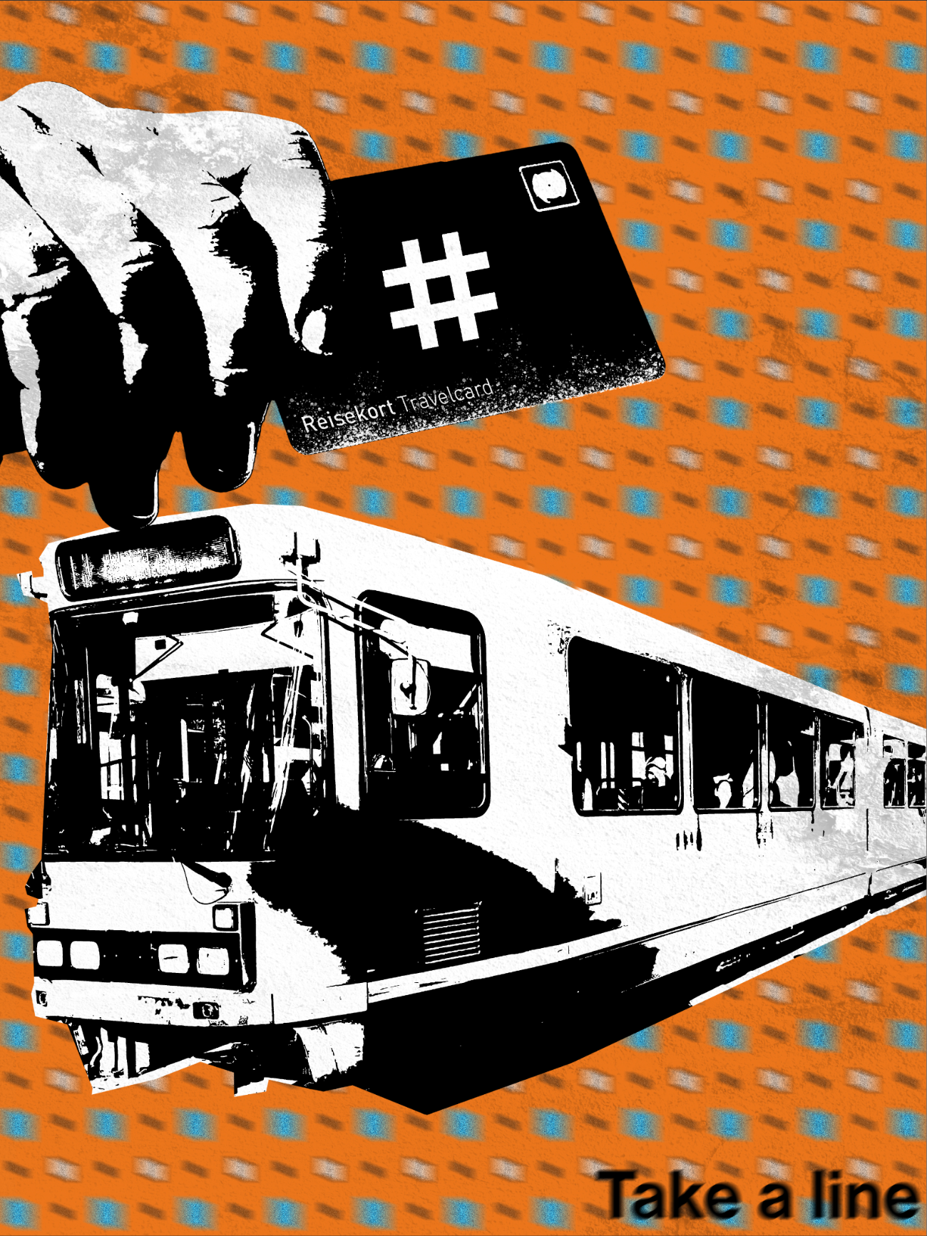Graphic Design Poster of a tram and a hand above holding a Ruter-card. On the bottom is says Take a Line.