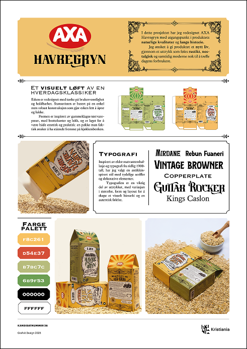 Salgsplakat av aca havregryn, med tekst, stanseriss, fargepalett og mockups.