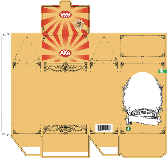 Stanseriss av havregryn emballasjen, med noen illustrasjoner