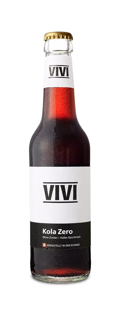 Bottle of VIVI Kola Zero Sugar-free Cola with Condensation on the Glass, labeled made in Switzerland.