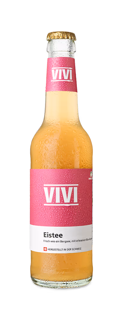 Chilled glass bottle of VIVI brand iced tea with pink label and gold cap.