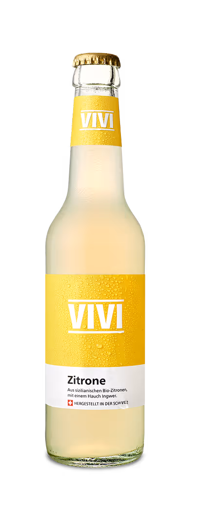 Bottle of VIVI lemon lemon drink with yellow label and condensation droplets.