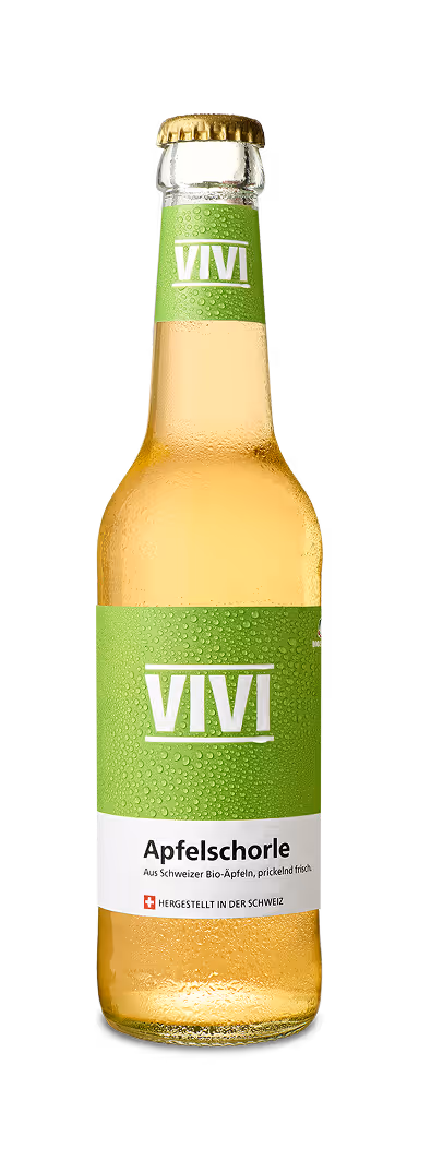 VIVI apple spritzer bottle with green label, a sparkling apple drink made from Swiss organic apples.