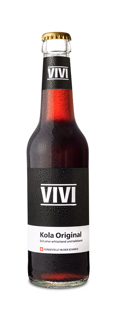Chilled VIVI Kola original glass bottle with condensation, labeled in German indicating it is a refreshing Swiss beverage.