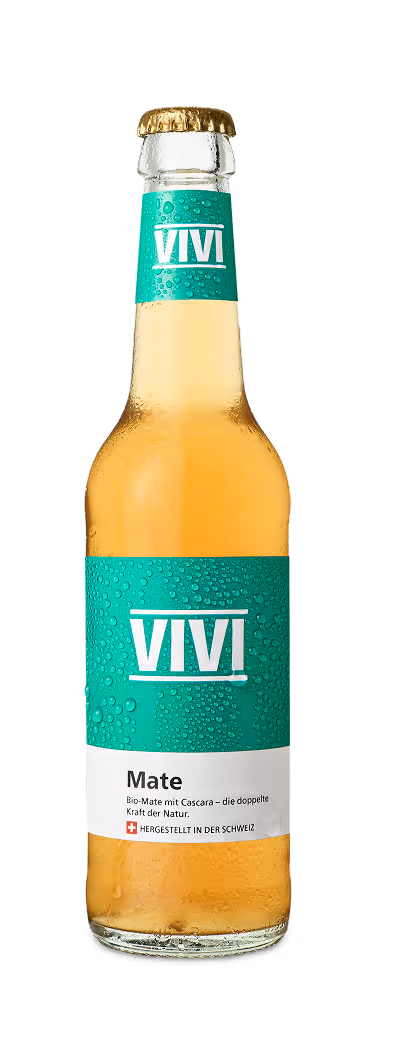 Bottle of VIVI Mate organic mate with cascara tea with teal and white label and gold cap.