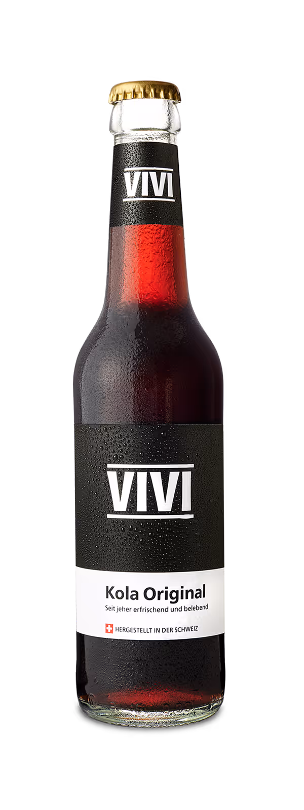 Bottle of VIVI Kola Original soft drink with condensation droplets on the glass.