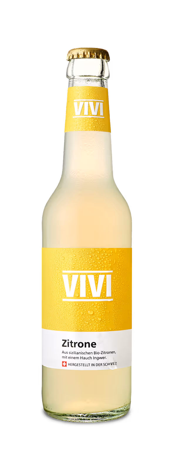 Bottled VIVI lemon beverage labeled as organic Sicilian lemons with a hint of ginger, made in Switzerland.