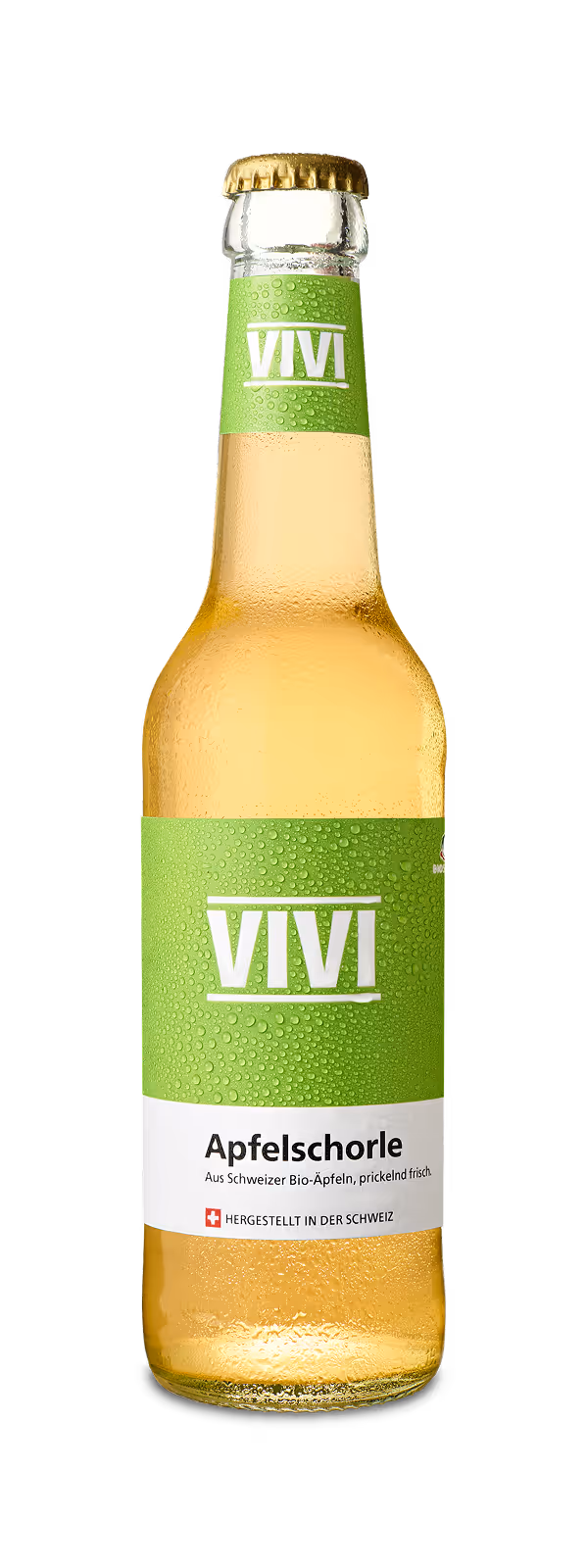 VIVI Apfelschorle bottle with green label and condensation, sparkling apple juice from Swiss organic apples.
