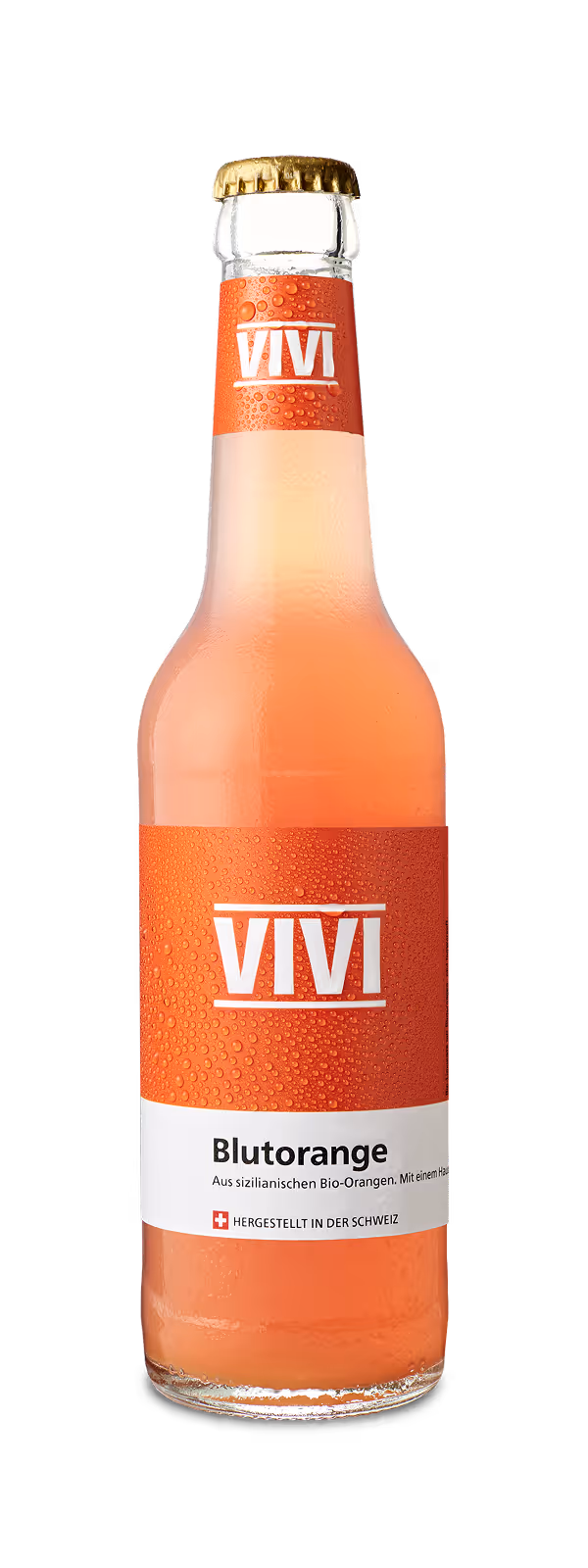 VIVI brand bottle of blood orange juice made from Sicilian organic oranges, produced in Switzerland.