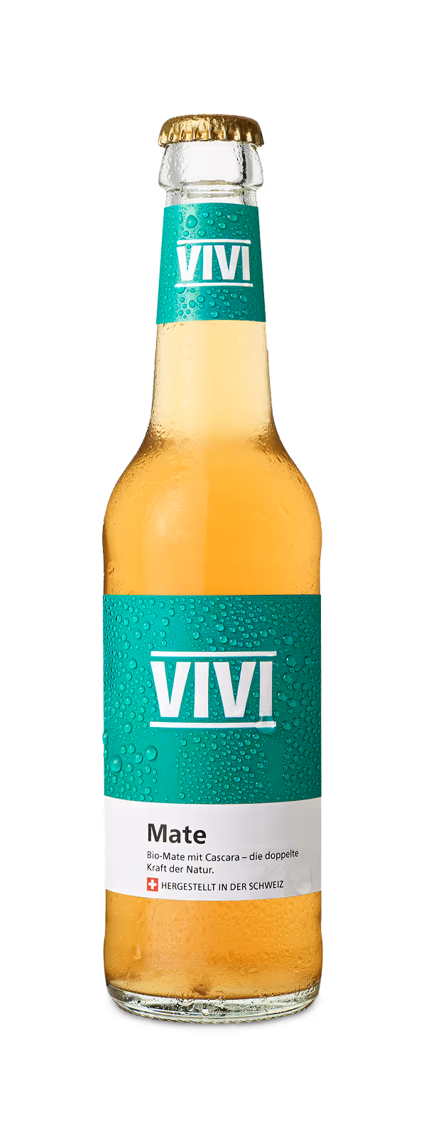 Bottle of VIVI Mate organic mate drink with Cascara, labeled as made in Switzerland, with condensation drops on the surface.