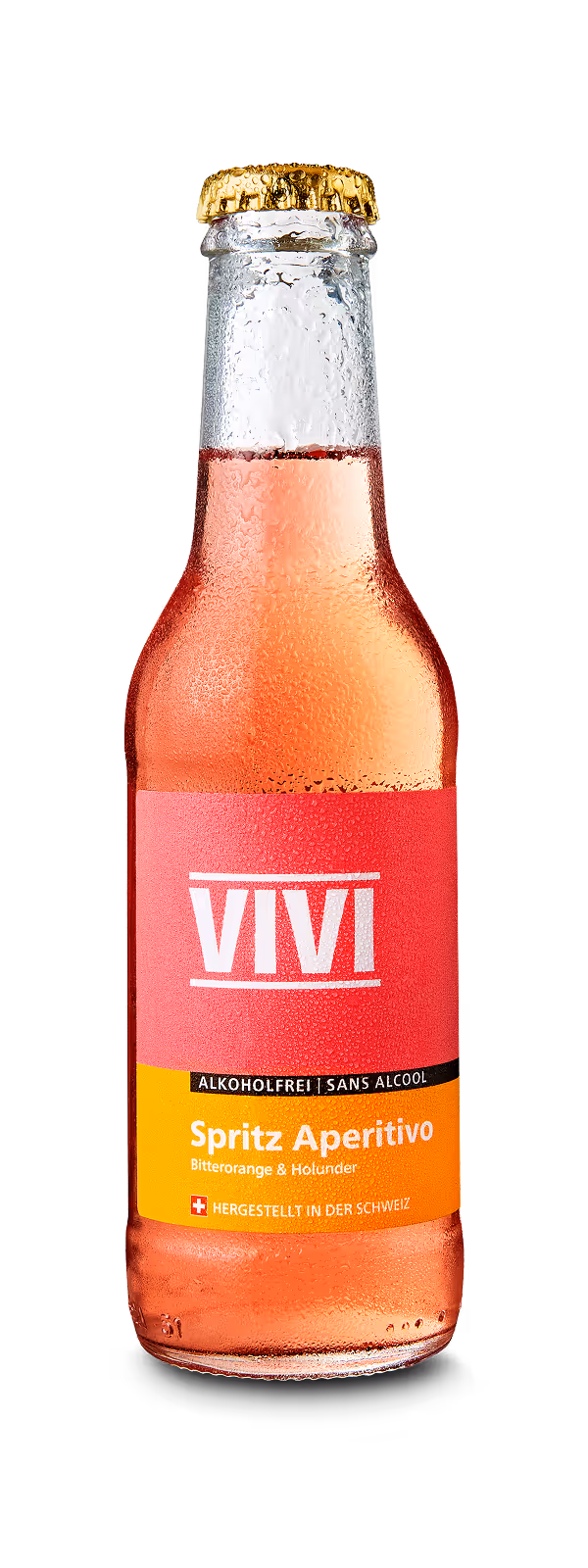 Chilled bottle of VIVI Spritz Aperitivo non-alcoholic bitter orange and elderflower drink from Switzerland.