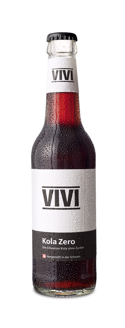 Bottle of VIVI Kola Zero sugar-free cola with condensation on the glass, labeled made in Switzerland.