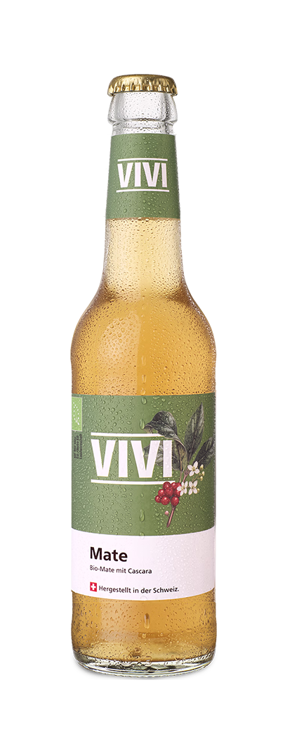 Bottle of VIVI Mate organic mate with cascara tea with teal and white label and gold cap.