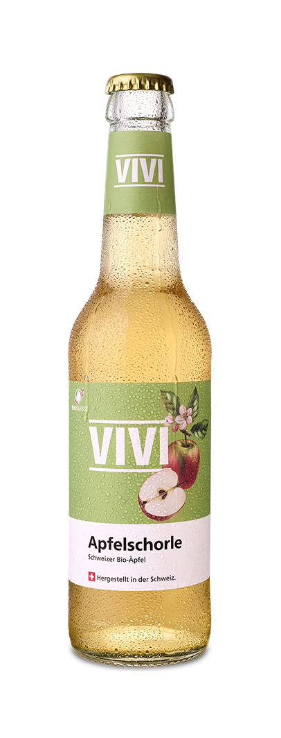 VIVI Apfelschorle bottle with green label, a sparkling apple drink made from Swiss organic apples.