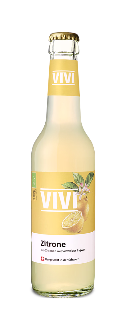 Bottle of VIVI Zitrone lemon drink with yellow label and condensation droplets.