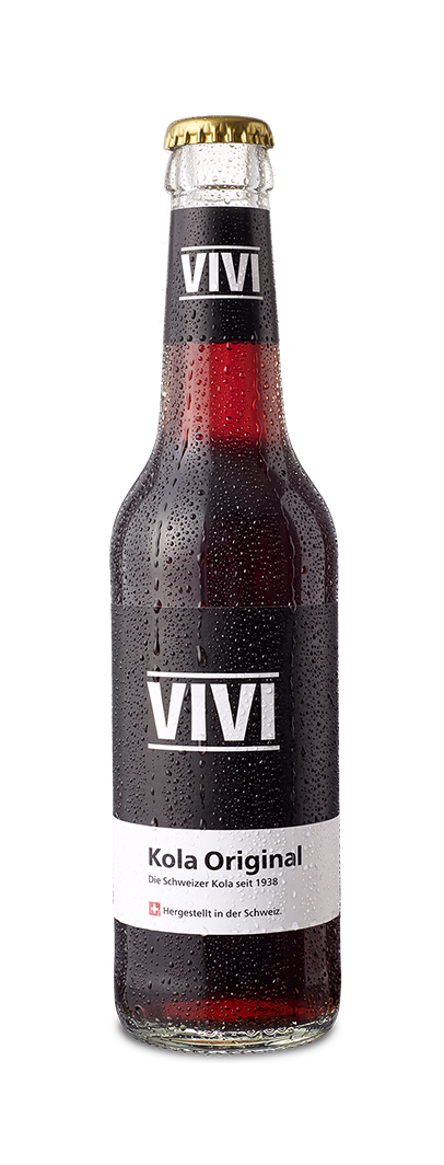 Chilled VIVI Kola Original glass bottle with condensation, labeled in German indicating it is a refreshing Swiss beverage.