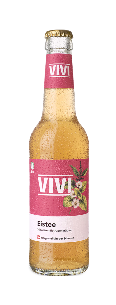 Chilled glass bottle of VIVI brand iced tea with pink label and gold cap.