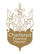 Gold emblem featuring a stylized sword upright behind a shield with decorative flourishes, the logo for Chartered Financial Planner