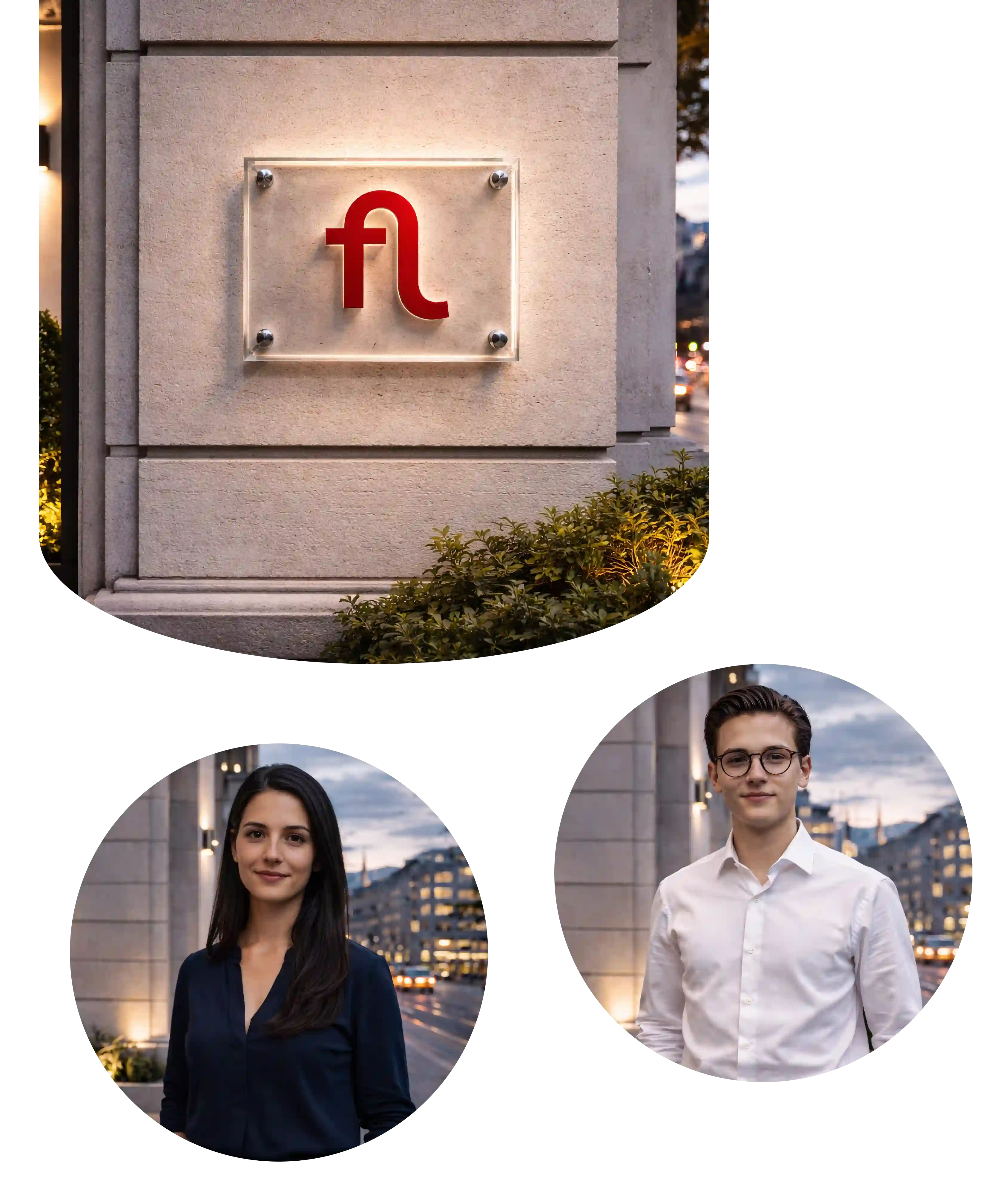 'fl' findlocal.ch Logo an einer Gebäudeaussenwand und die zwei Porträts von den findlocal.ch Gründern; Julia Fernandez und Louie Lüthi.