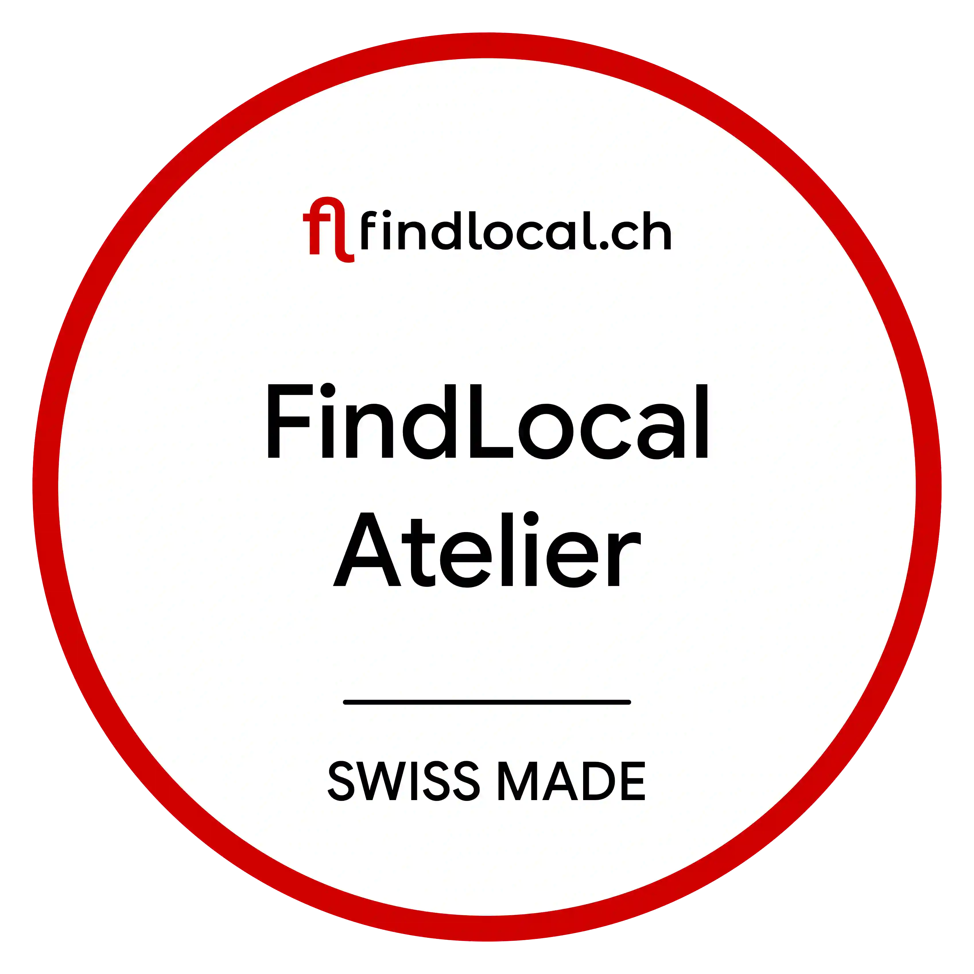 Rundes Siegel mit rotem Rand und Text 'findlocal.ch | FindLocal Atelier | Swiss Made' auf weissem Hintergrund.