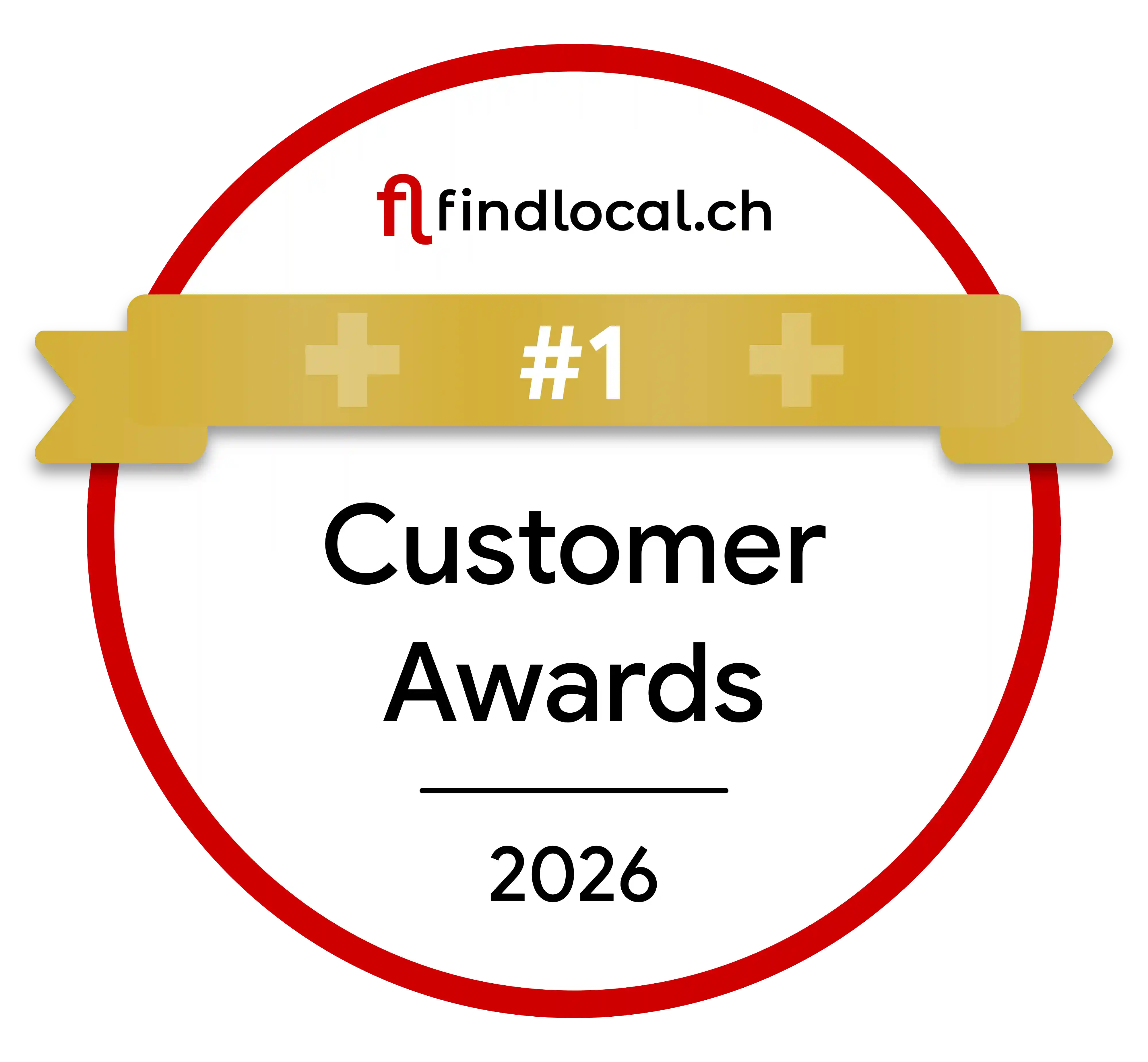 Rundes Abzeichen mit rotem Rand und goldenem Banner mit der Aufschrift '#1', darunter steht 'Customer Awards 2026' und das Logo von findlocal.ch oben.