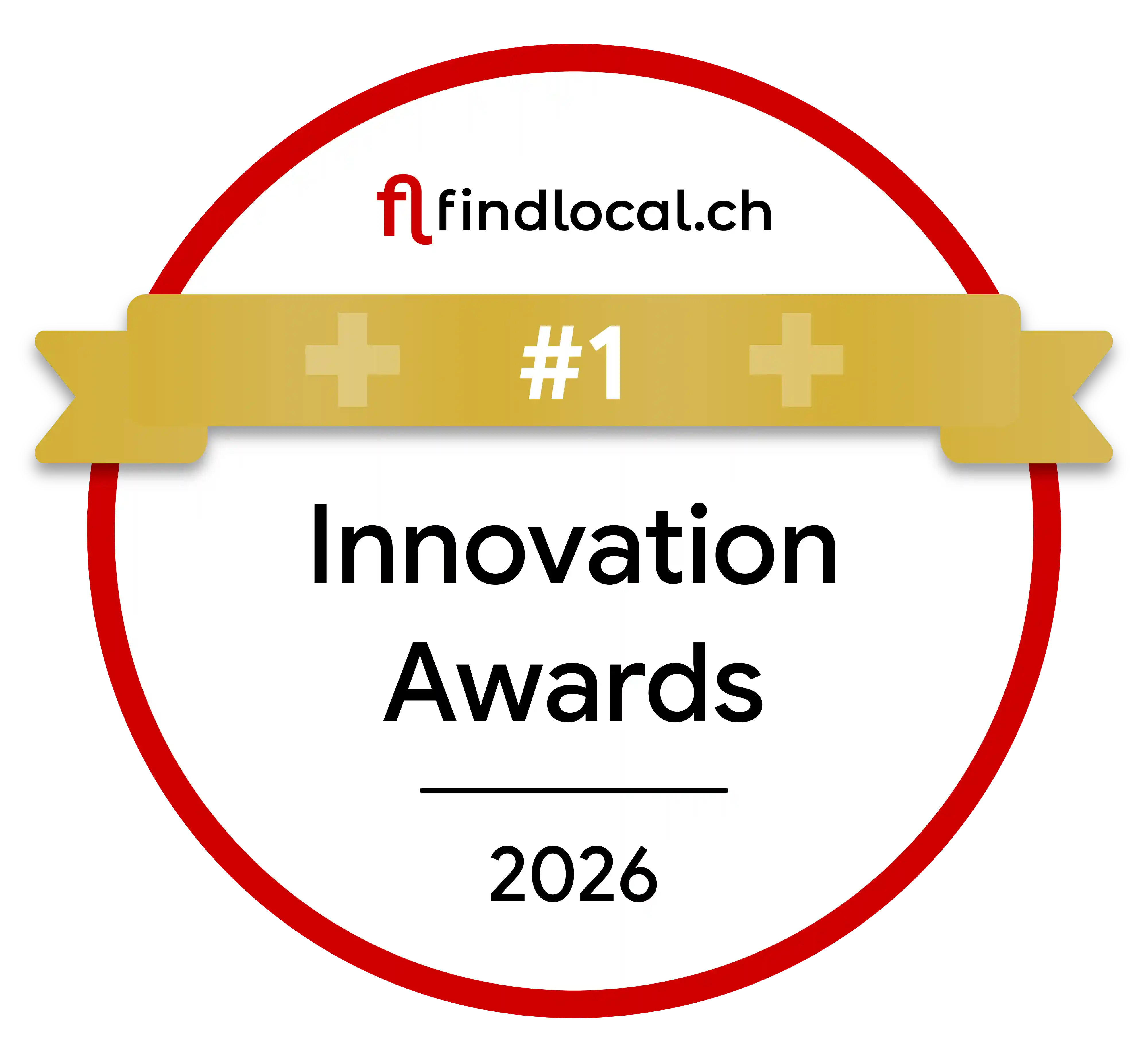 Rundes Abzeichen mit rotem Rand und goldenem Banner mit der Aufschrift '#1', darunter steht 'Innovation Awards 2026' und das Logo von findlocal.ch oben.