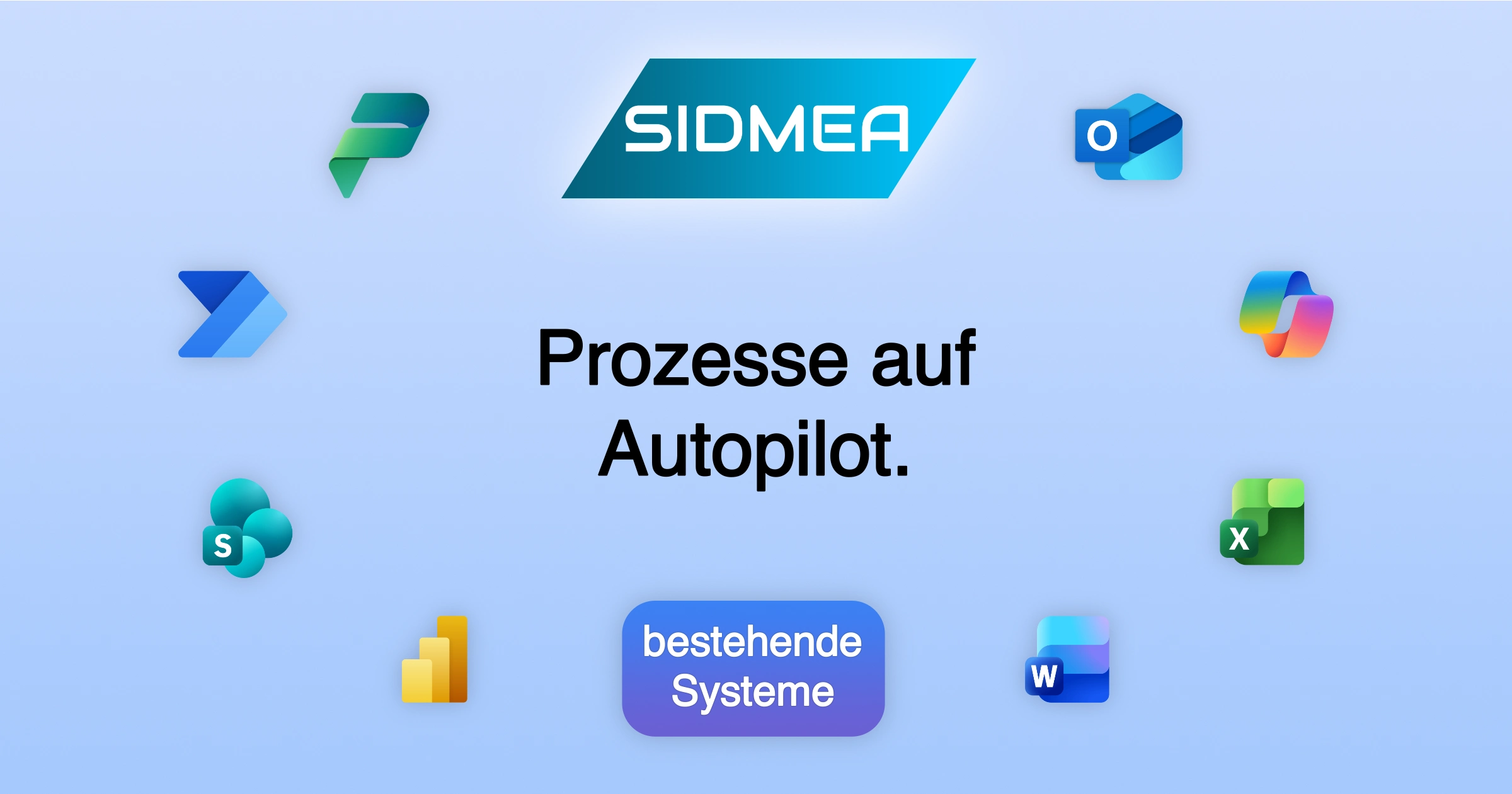 Illustration mit SIDMEA-Logo und Applikations-Icons, die im Kreis um den Text "Prozesse auf Autopilot" schweben.