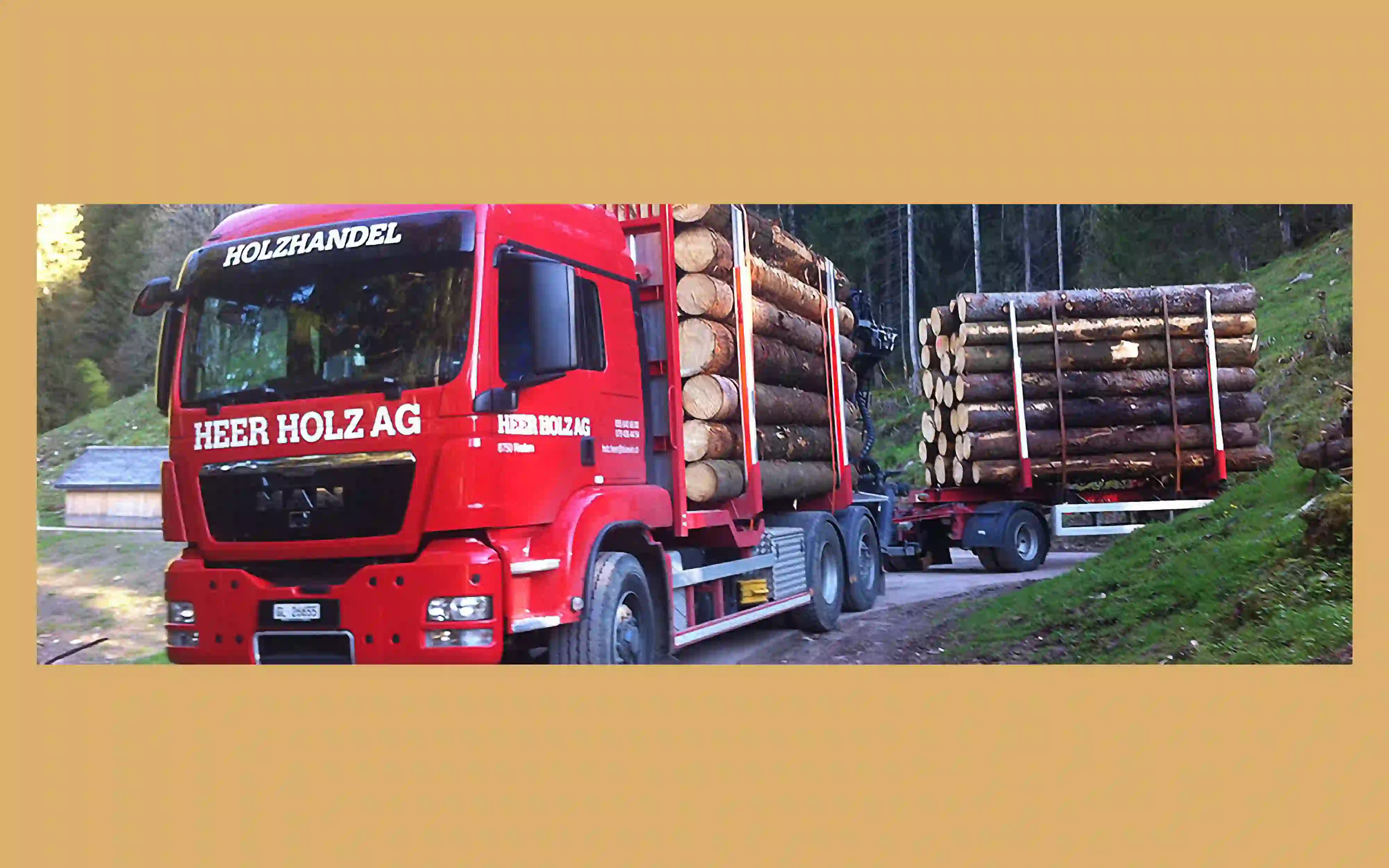 Bild von einem Lastwagen mit der Aufschrift Heer Holz AG, der Holz transportiert.