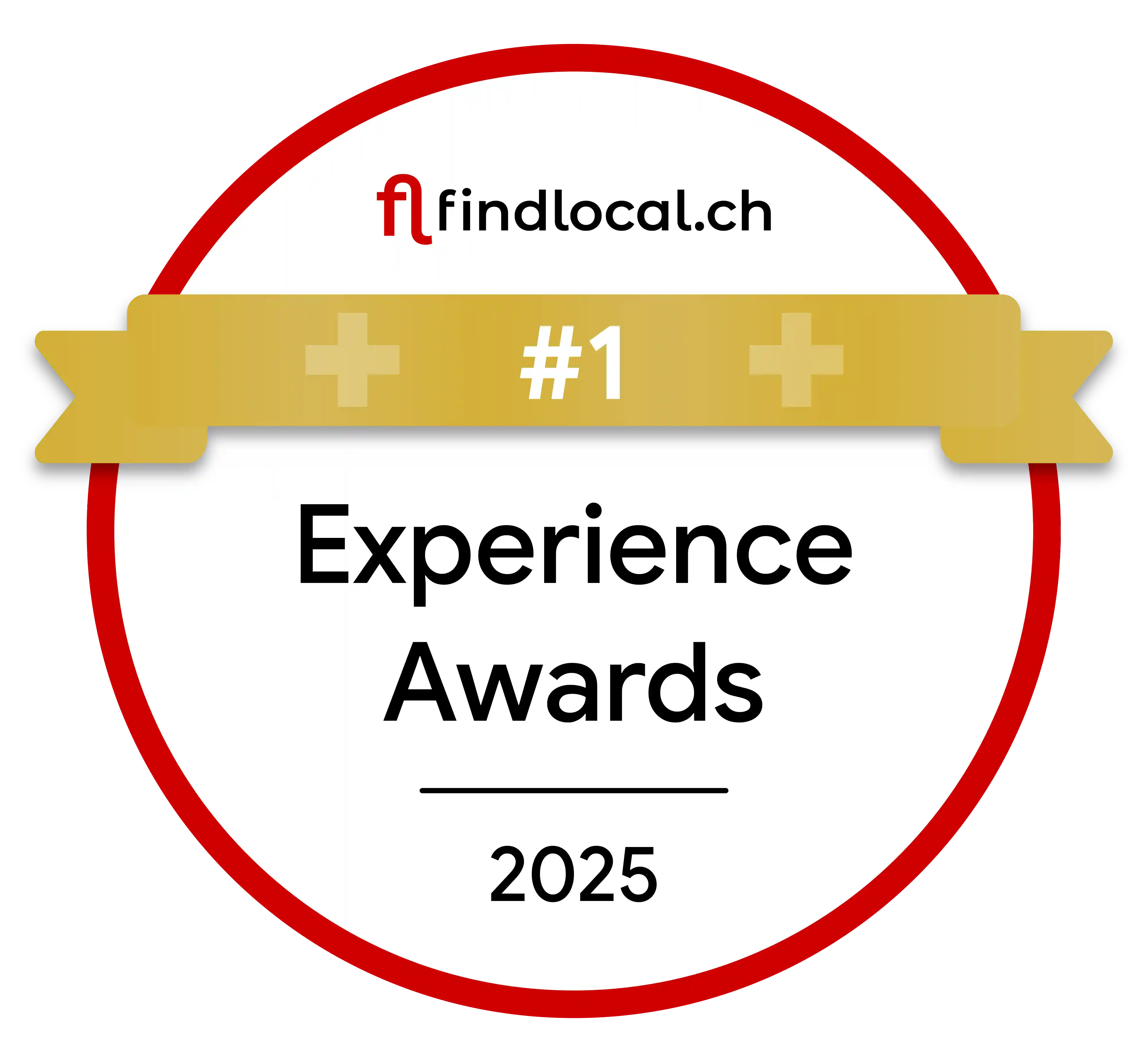 Rundes Abzeichen mit rotem Rand und goldenem Banner mit der Aufschrift '#1', darunter steht 'Experience Swiss Awards 2025' und das Logo von findlocal.ch oben.